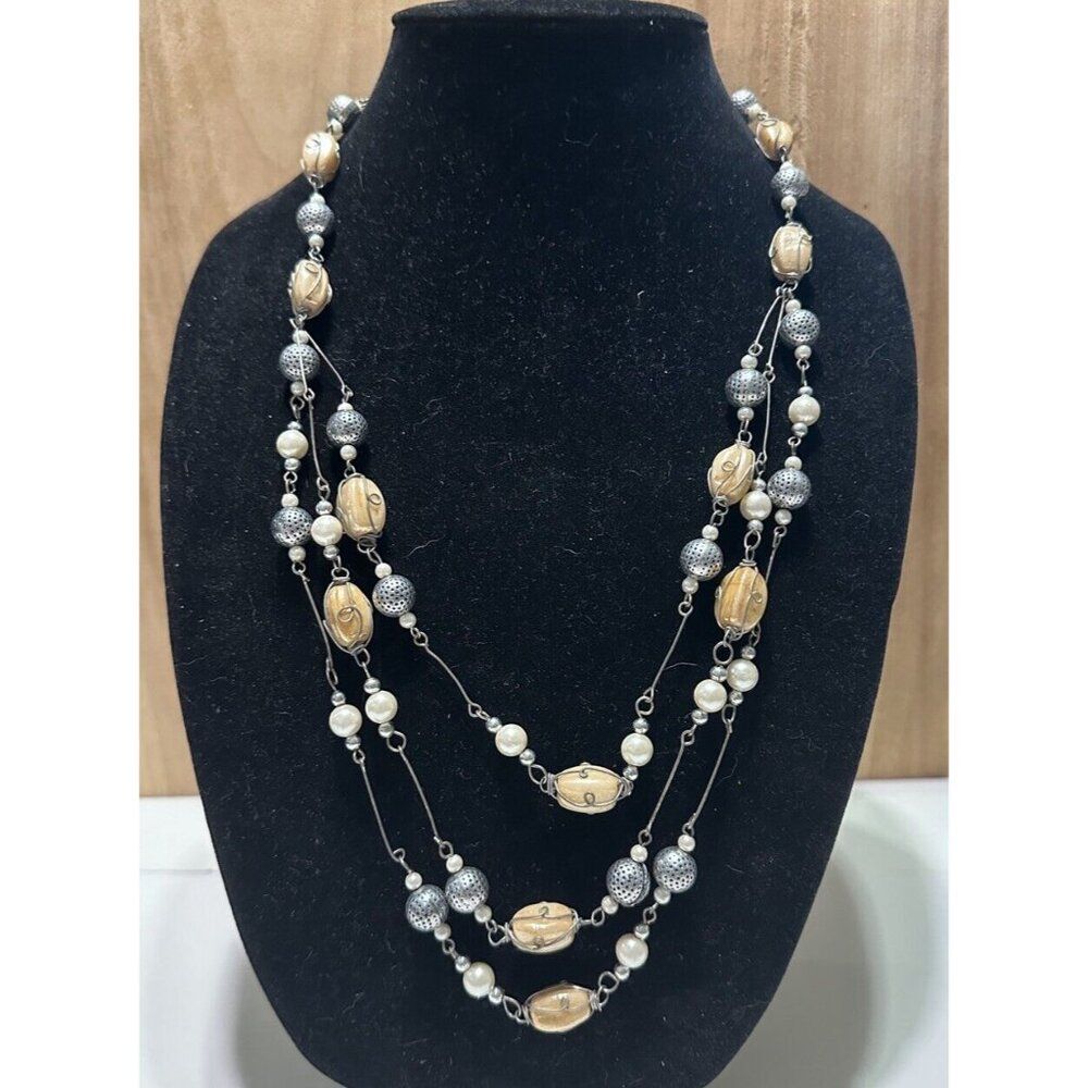 Handmade 24” Multistrand  Faux Pearl Beaded Necklace Silver Tone Ball Wire Wrap